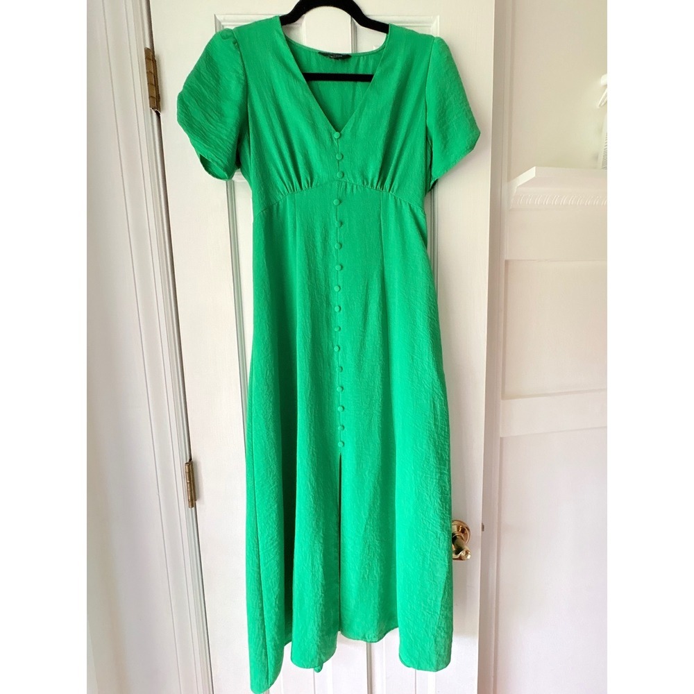 New Look Green Midi‎ Dress Short Puff Sleeve Button Front V-Neck Size 4